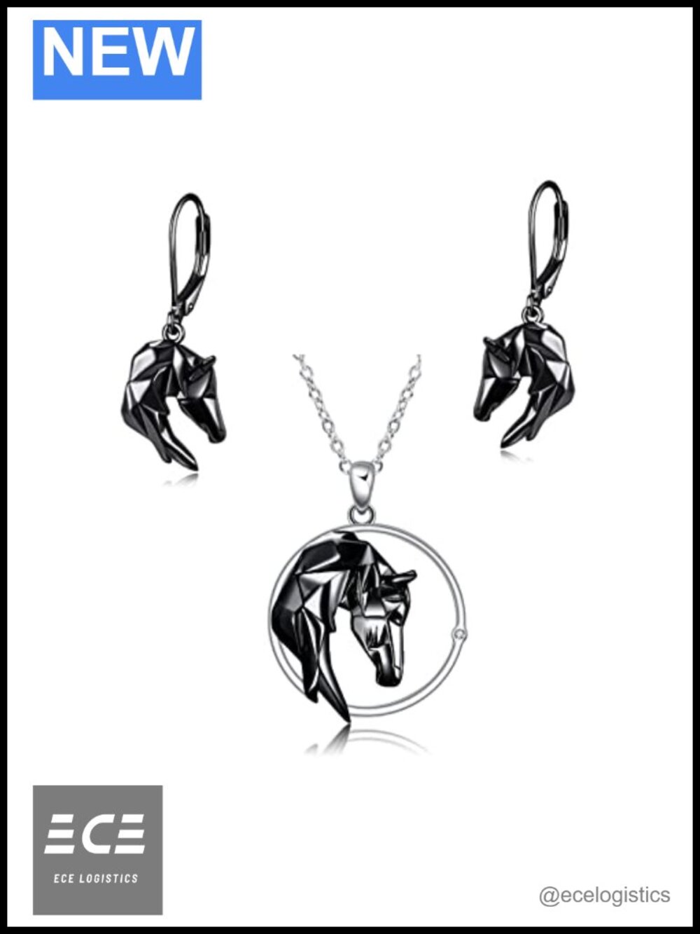Sterling Silver Origami Horse Pendant Necklace & Earring Set 18in